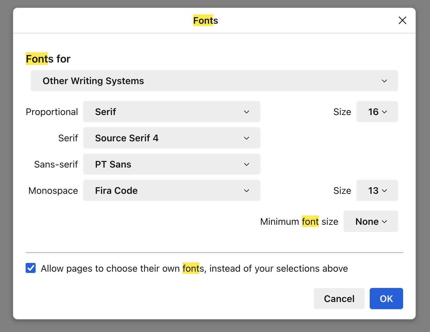 font settings